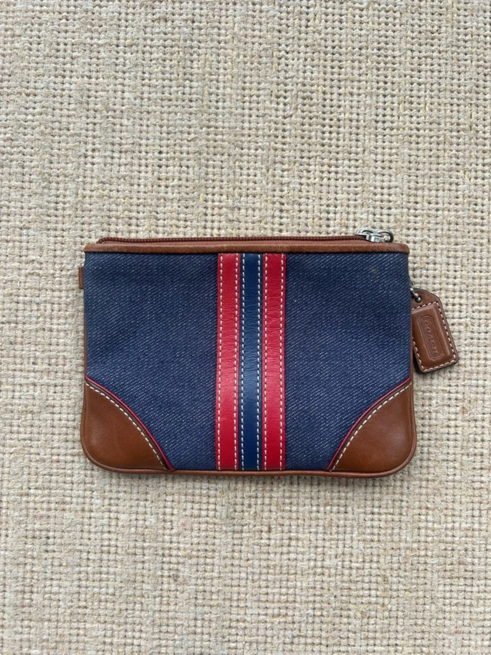 Coach Navy Canvas Shoulder Bag with Red and Pink Stripes